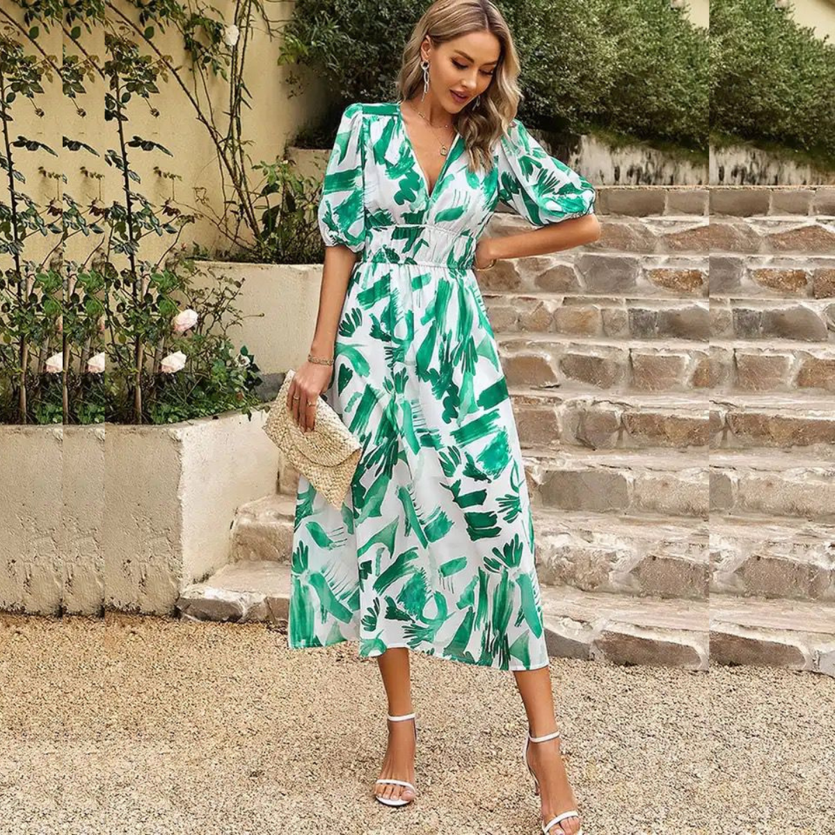 Women Flattering V Hals and Elastic Waist Midi Summer Dress - Linda-4