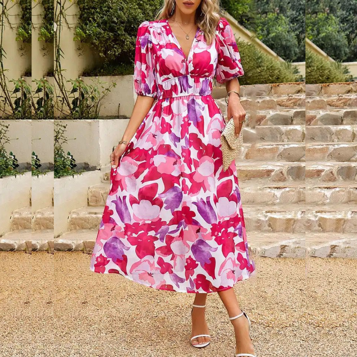 Women Flattering V Hals and Elastic Waist Midi Summer Dress - Linda-5