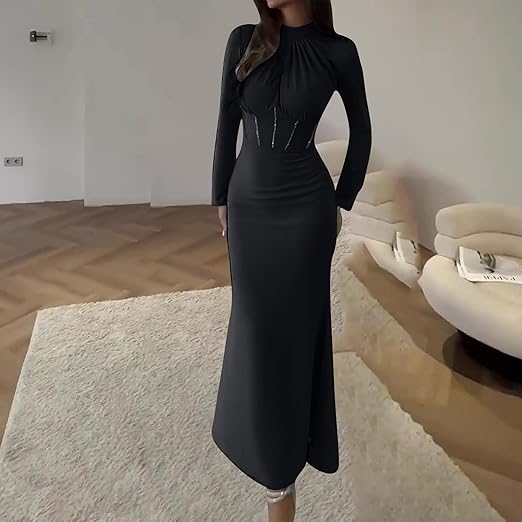 Women’s Elegant Black Long Sleeve Maxi Dress - Eva