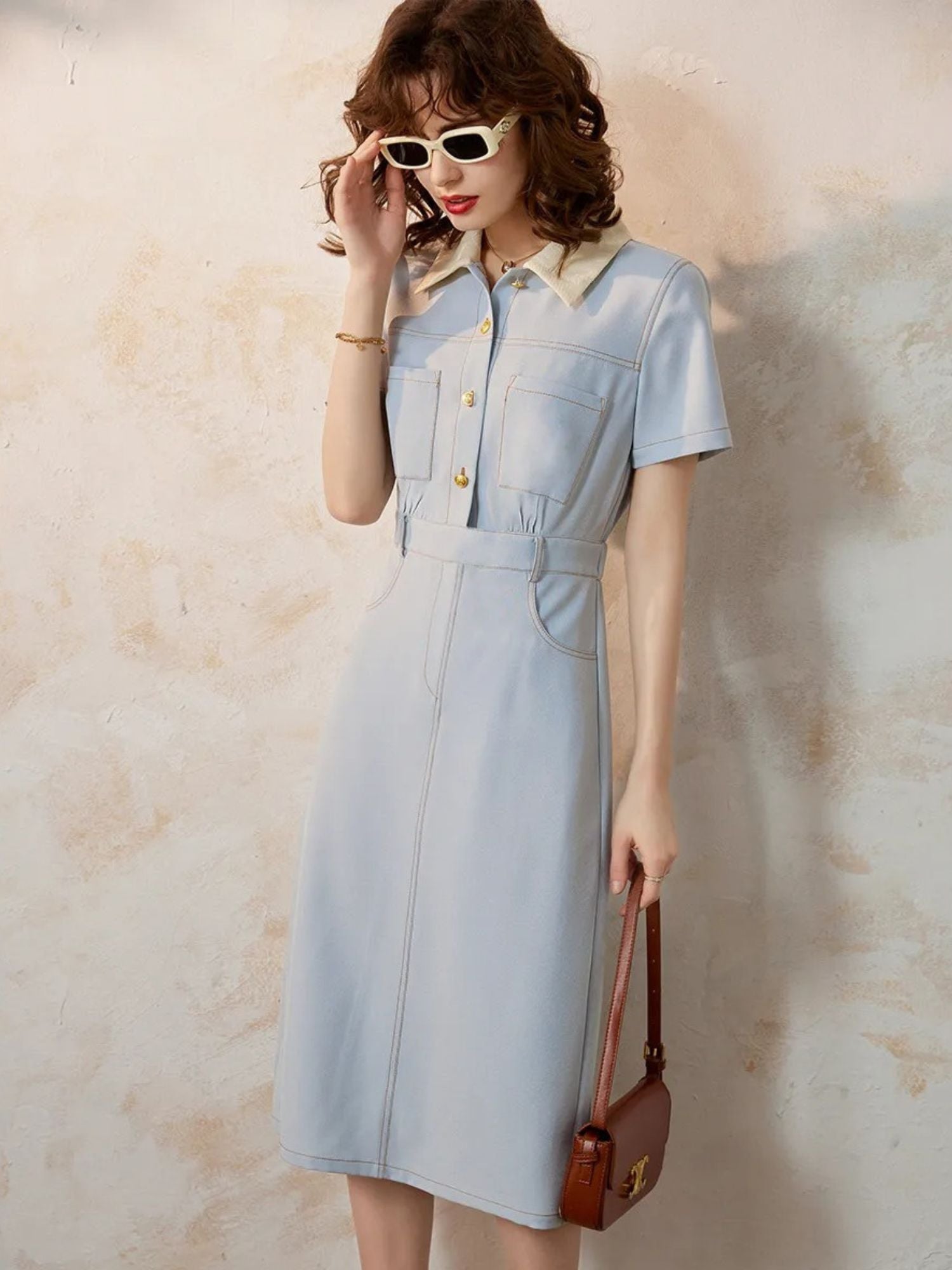 A-Line Shirt Dress with Turn-Down Collar - Celine