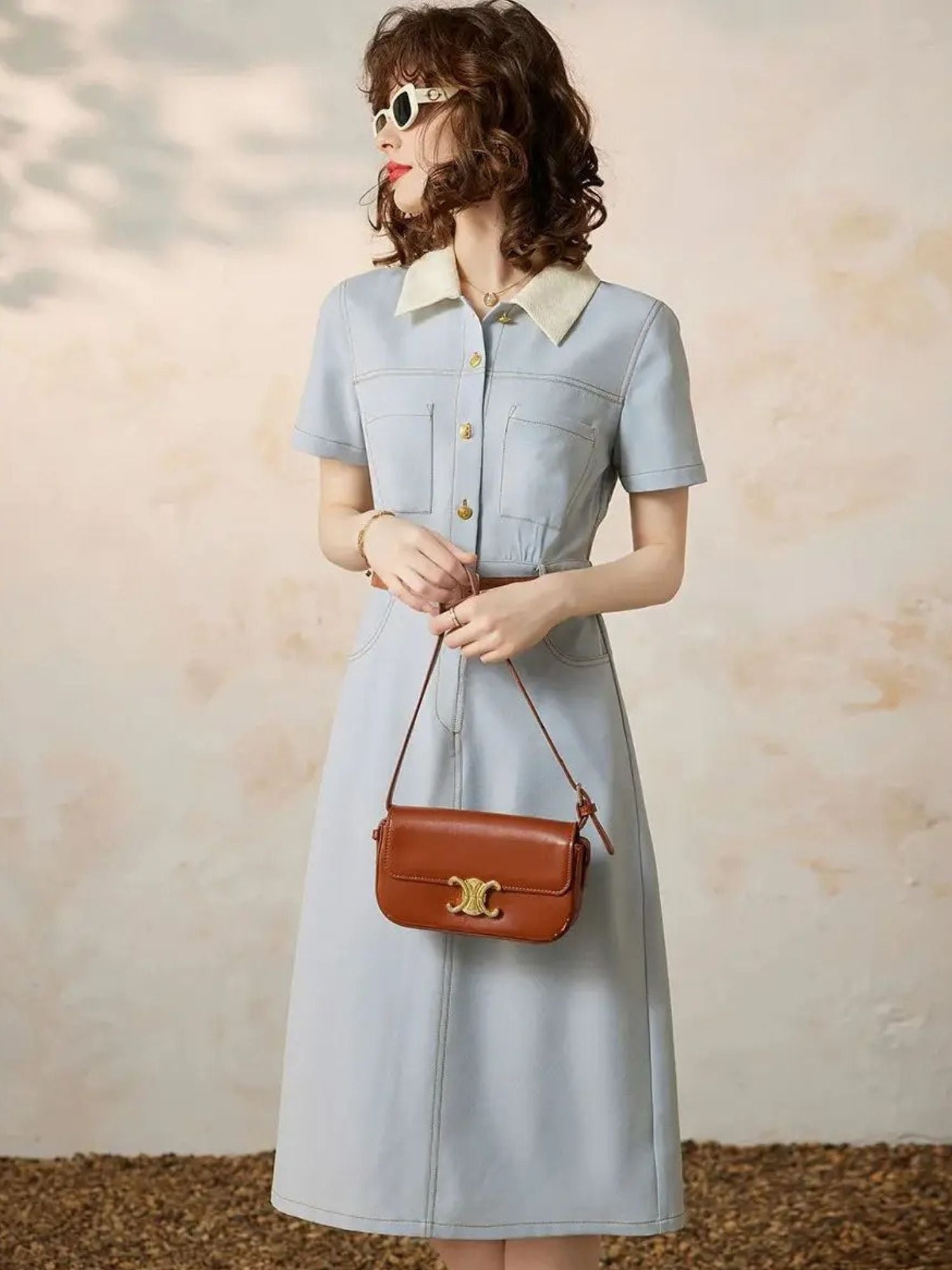 A-Line Shirt Dress with Turn-Down Collar - Celine