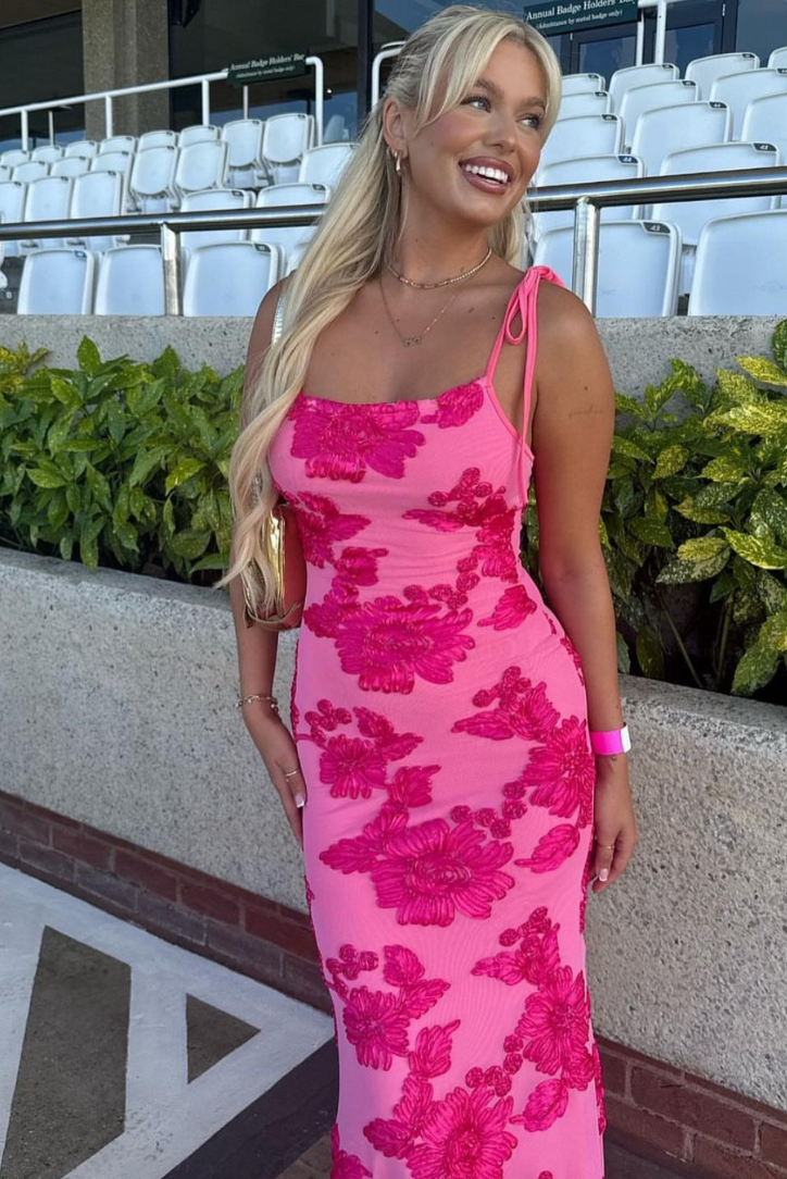 Women’s Embroidered Adjustable Shoulder Tie Maxi Dress - Charlotte