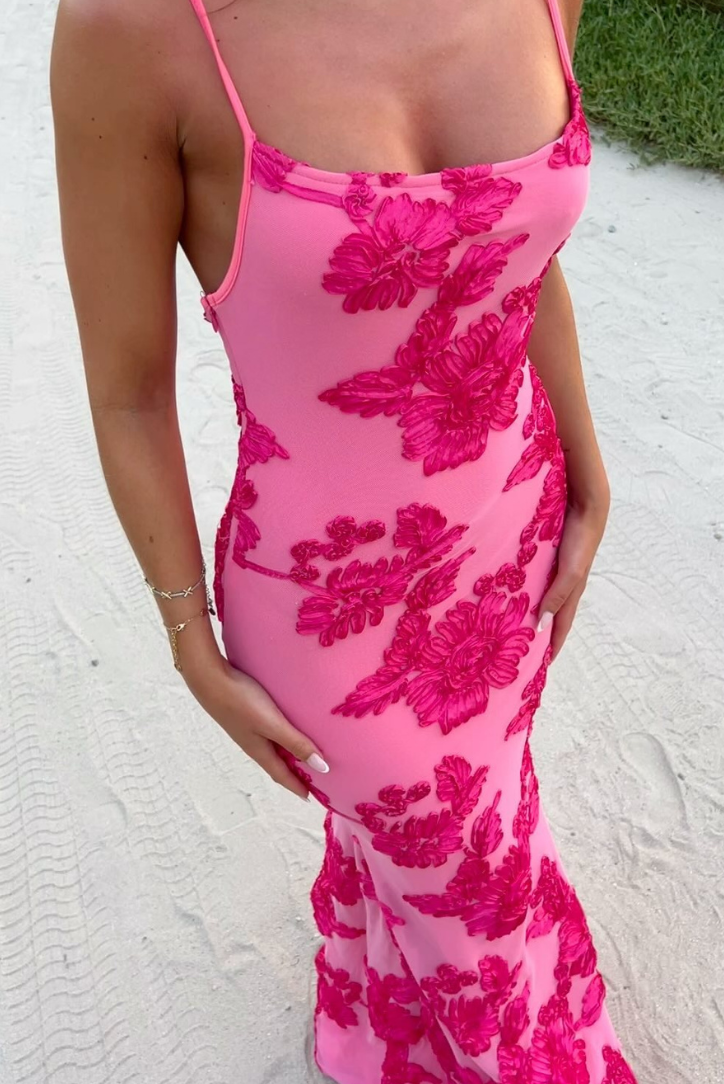 Women’s Embroidered Adjustable Shoulder Tie Maxi Dress - Charlotte