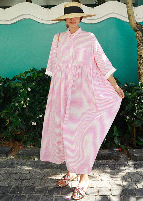 Bohemian Peter Pan Collar Striped Button Pockets Wrinkled Long Dresses Half Sleeve - Piper