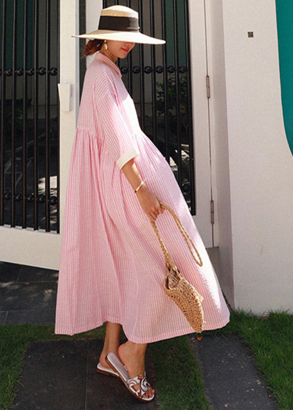 Bohemian Peter Pan Collar Striped Button Pockets Wrinkled Long Dresses Half Sleeve - Piper