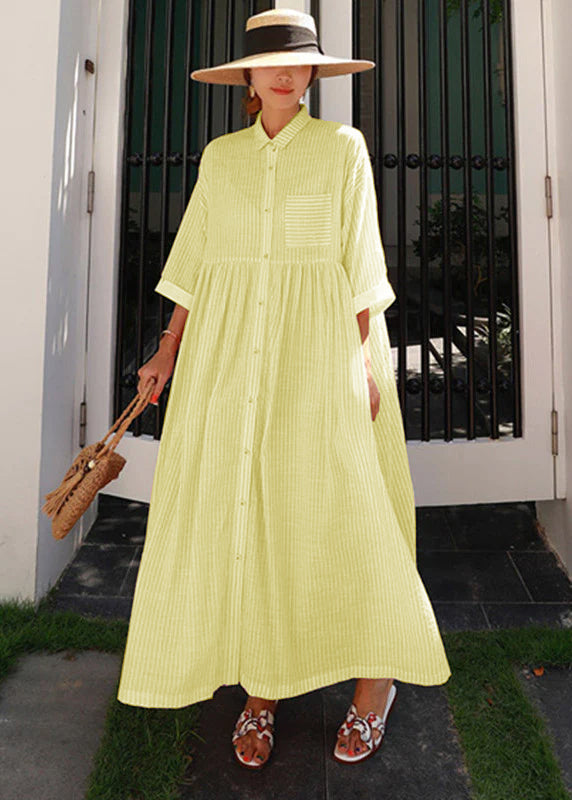 Bohemian Peter Pan Collar Striped Button Pockets Wrinkled Long Dresses Half Sleeve - Piper