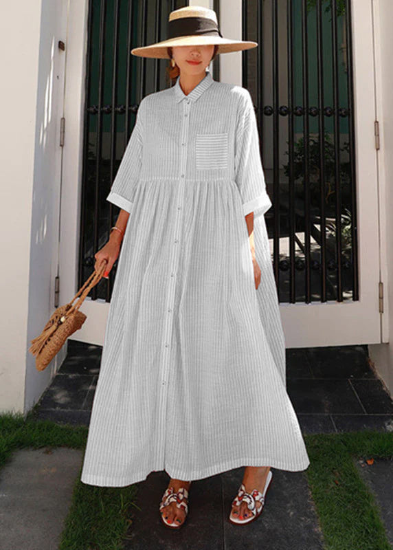 Bohemian Peter Pan Collar Striped Button Pockets Wrinkled Long Dresses Half Sleeve - Piper