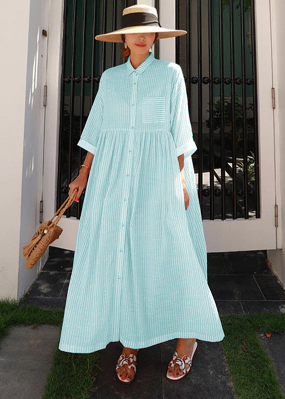 Bohemian Peter Pan Collar Striped Button Pockets Wrinkled Long Dresses Half Sleeve - Piper