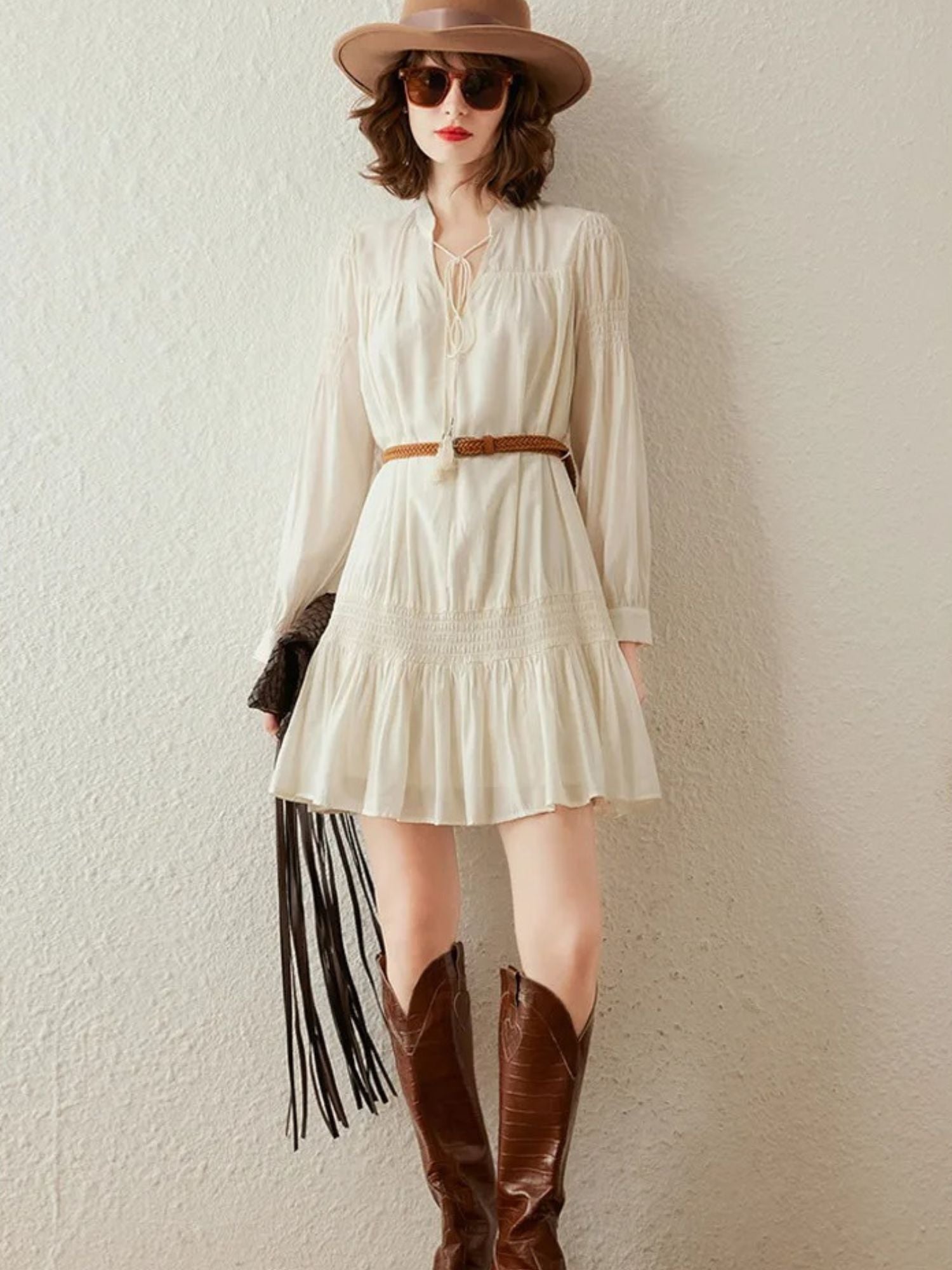 Boho V-Neck Mini Dress with Brown Belt - Dahlia