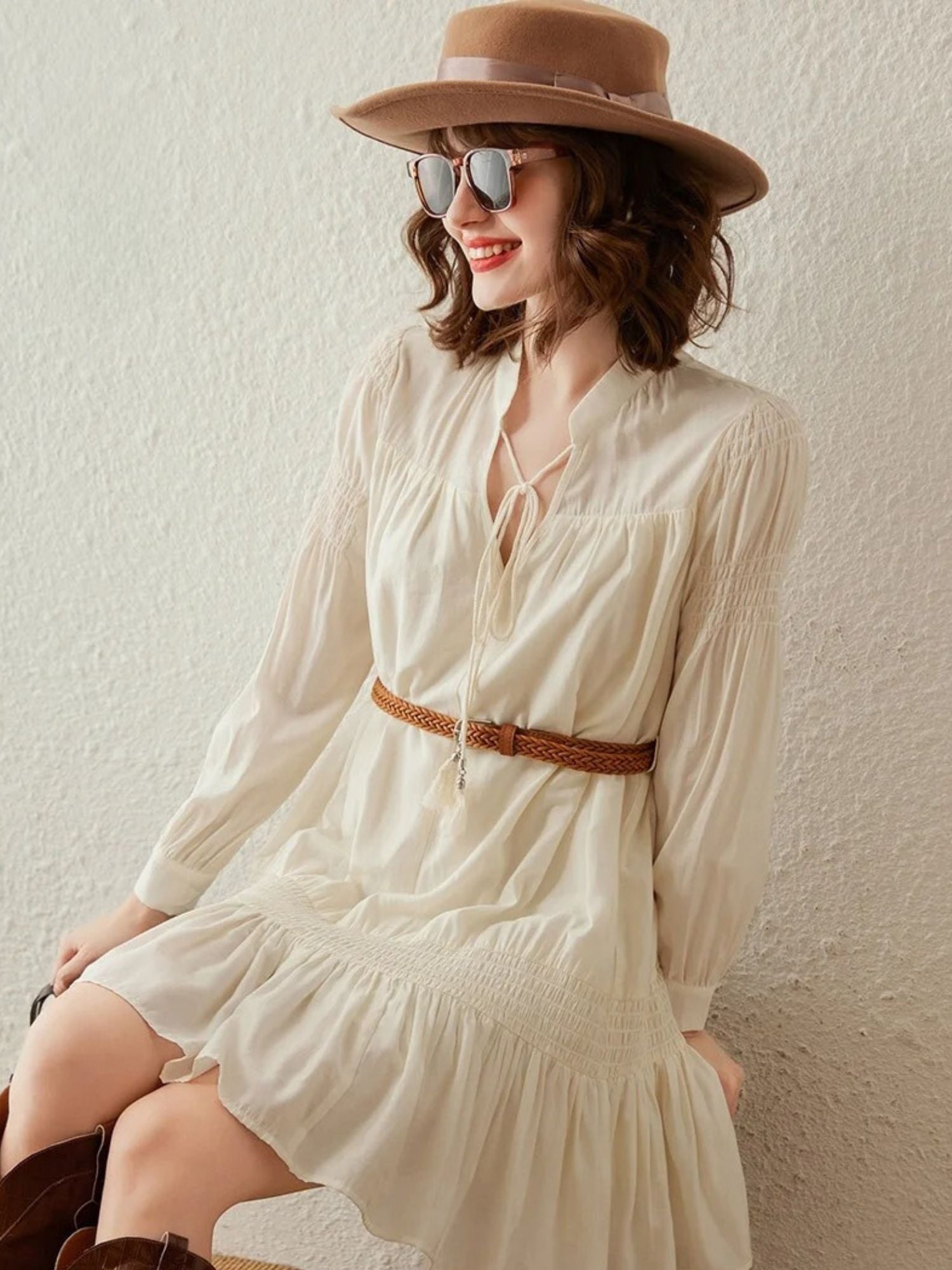 Boho V-Neck Mini Dress with Brown Belt - Dahlia