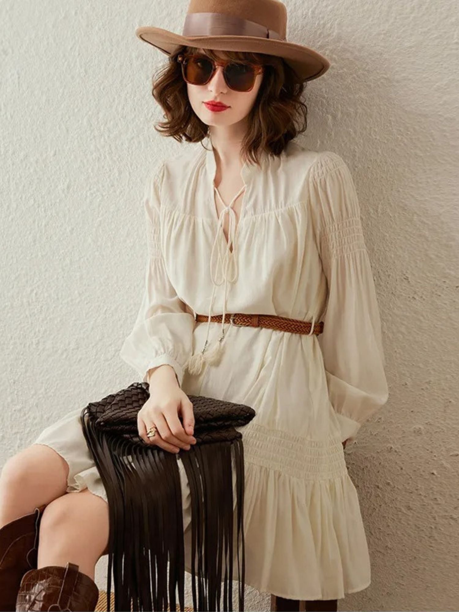 Boho V-Neck Mini Dress with Brown Belt - Dahlia