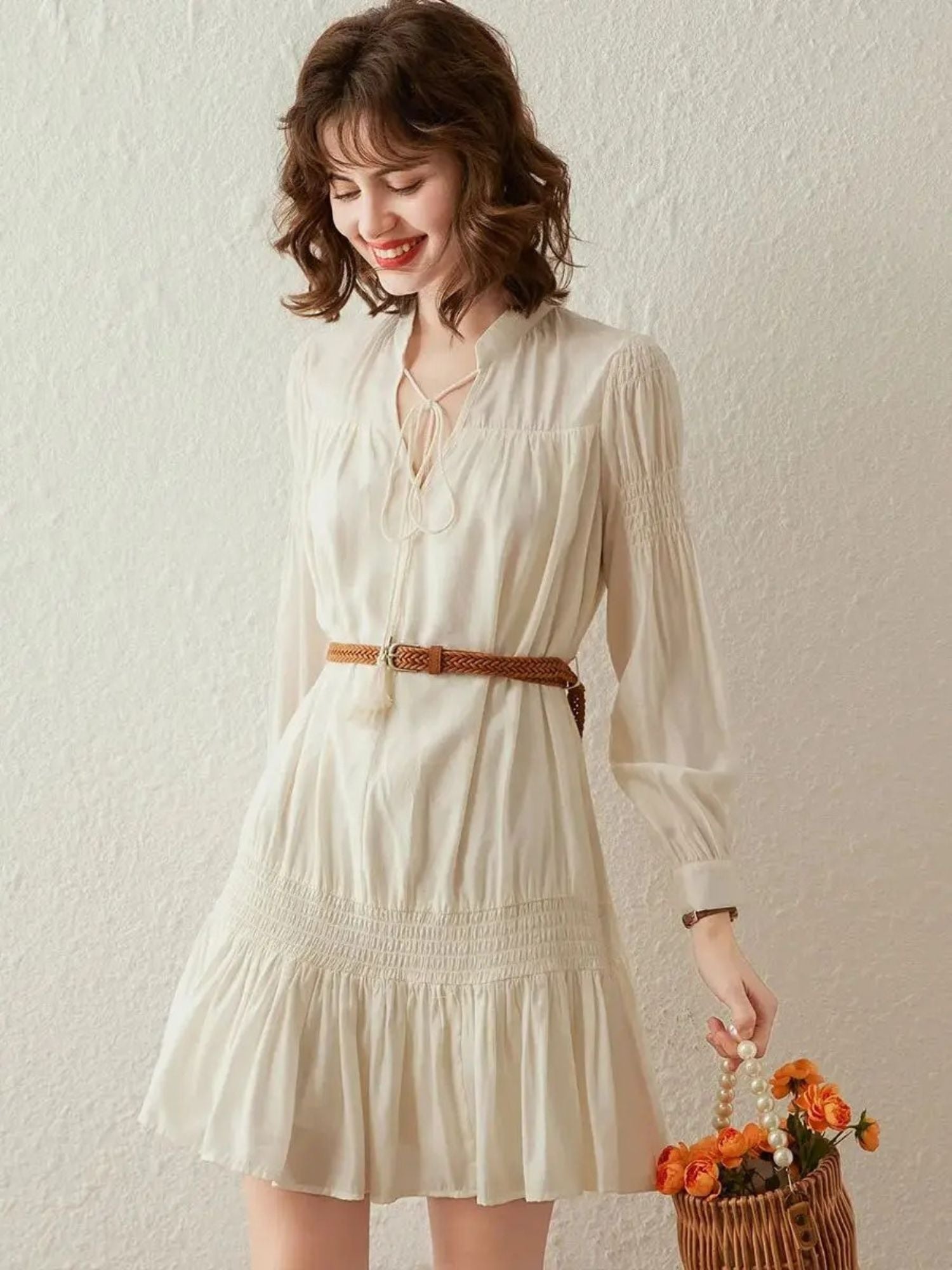 Boho V-Neck Mini Dress with Brown Belt - Dahlia