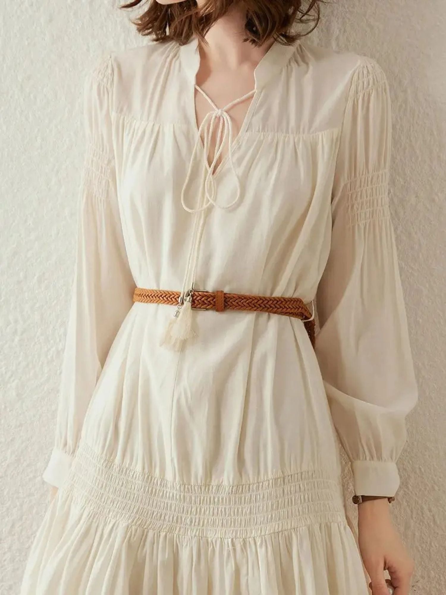 Boho V-Neck Mini Dress with Brown Belt - Dahlia