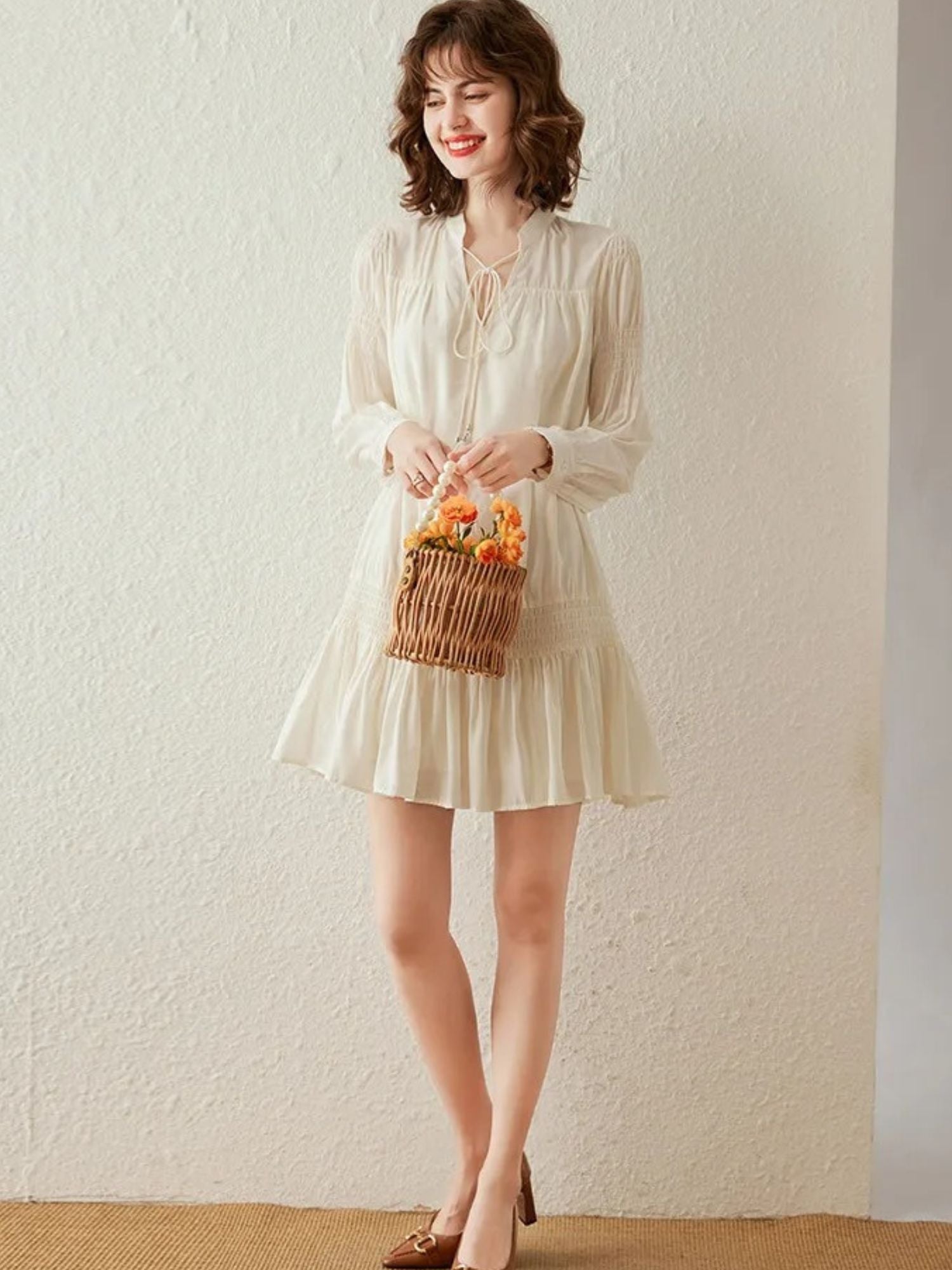 Boho V-Neck Mini Dress with Brown Belt - Dahlia