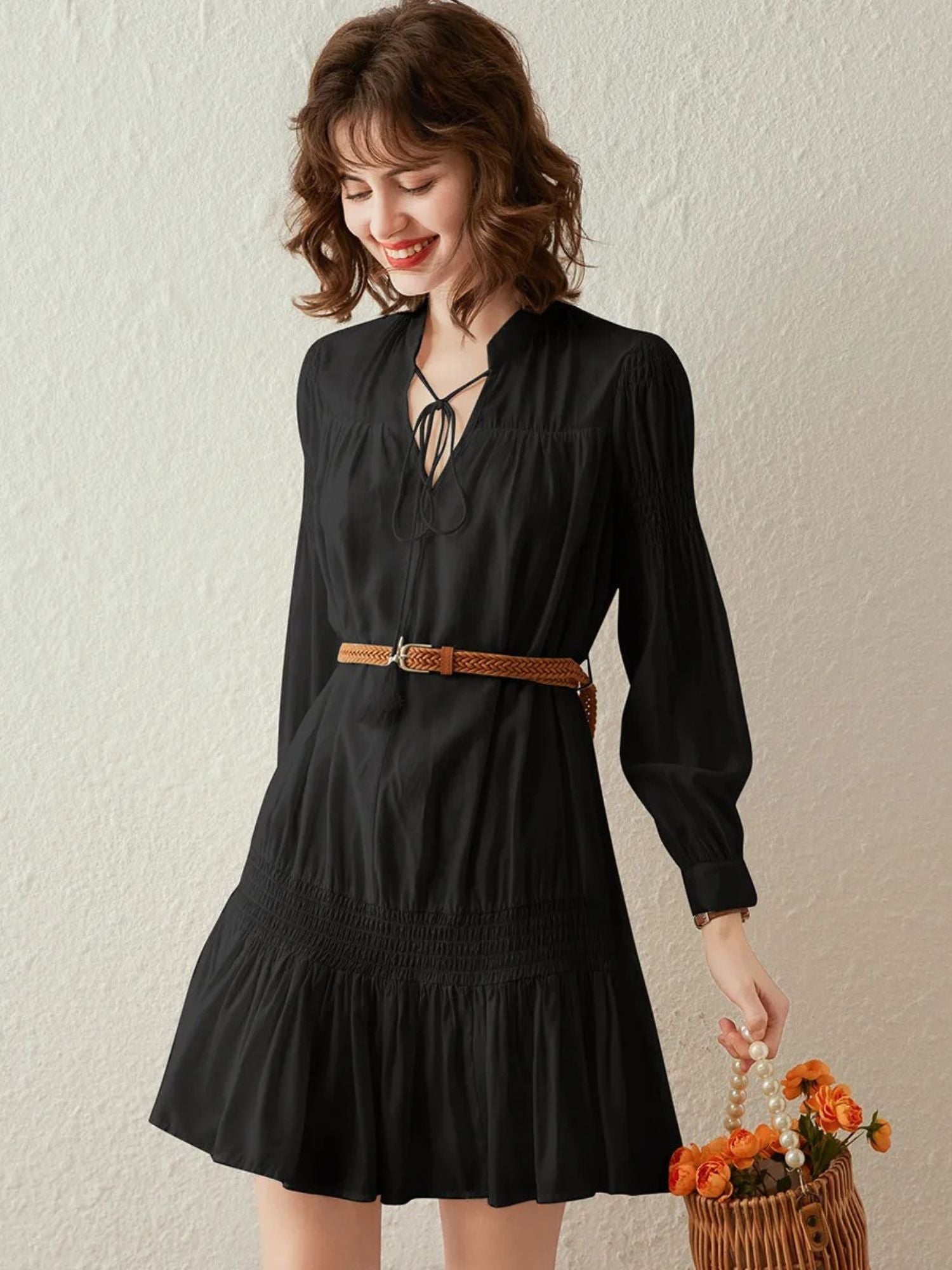 Boho V-Neck Mini Dress with Brown Belt - Dahlia