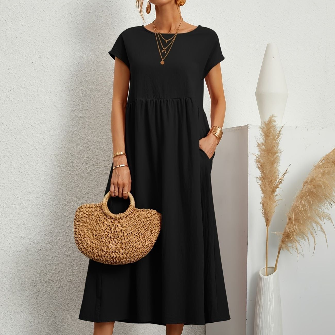 Women’s Elegant Round Neck Midi Dress - Camille