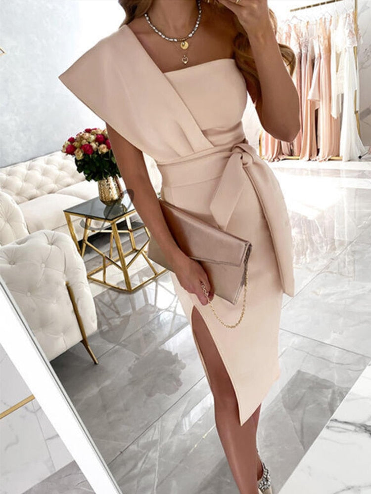 Elegant One-Shoulder Evening Dress with Slit for Women - Nova