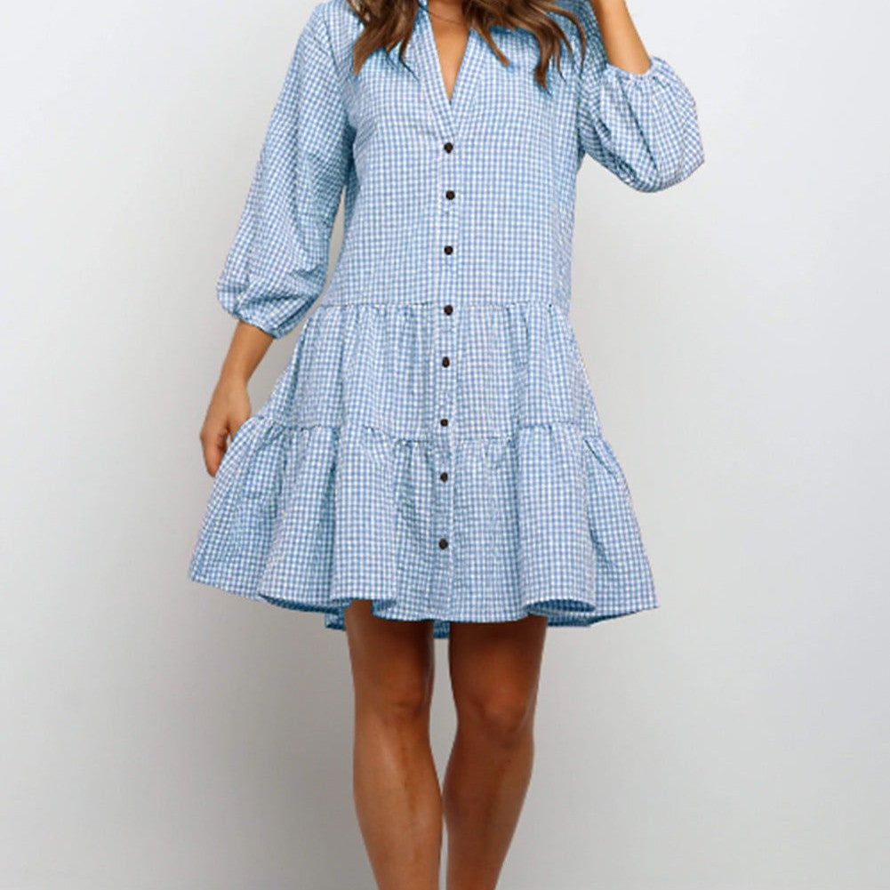 Women's Elegant Plaid V-Neck Mini Dress - Eva