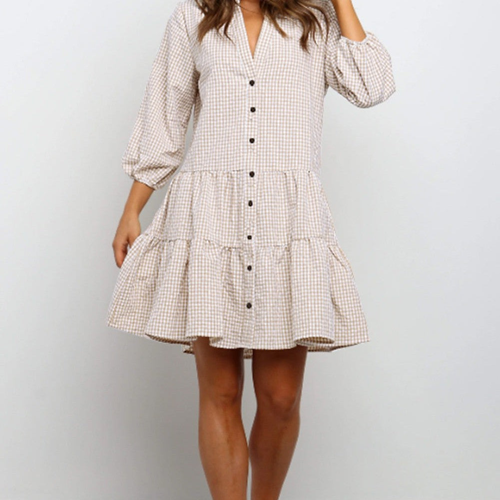 Women's Elegant Plaid V-Neck Mini Dress - Eva