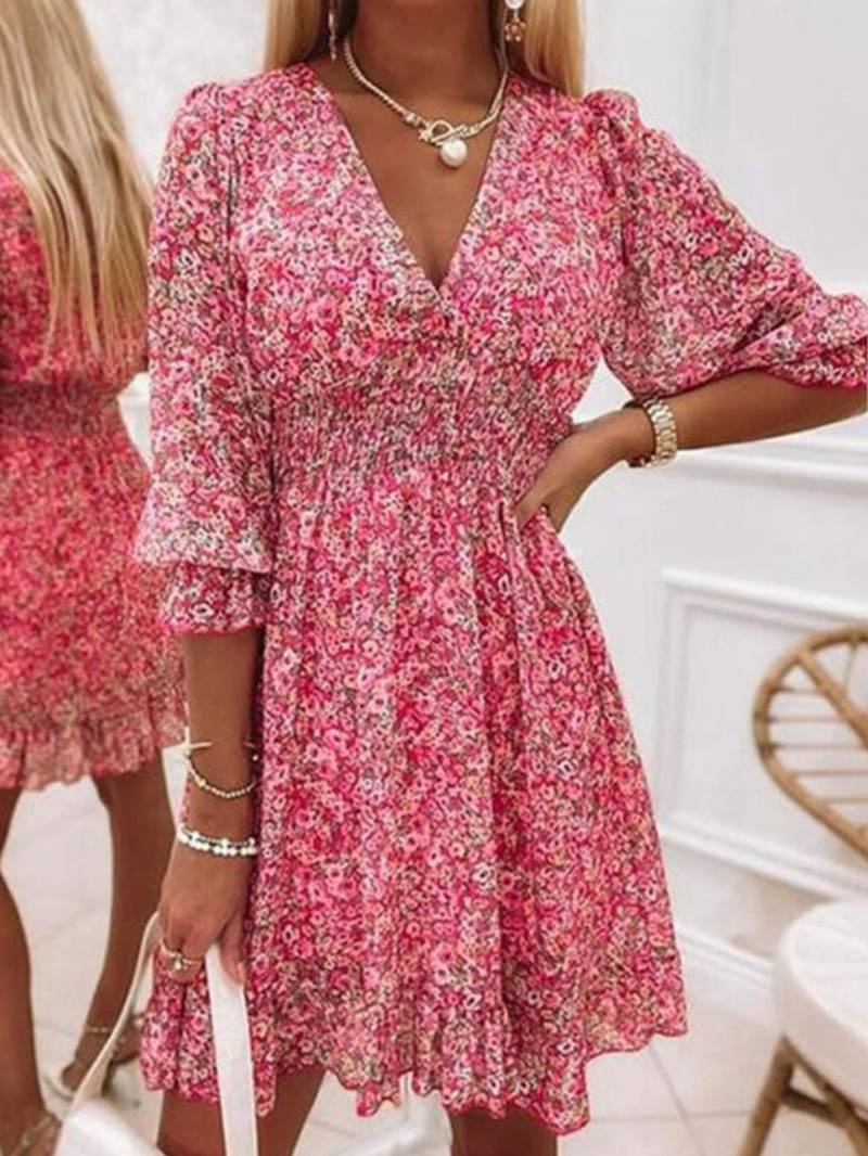 Women's Puff Sleeves Boho Mini Dress - Ava
