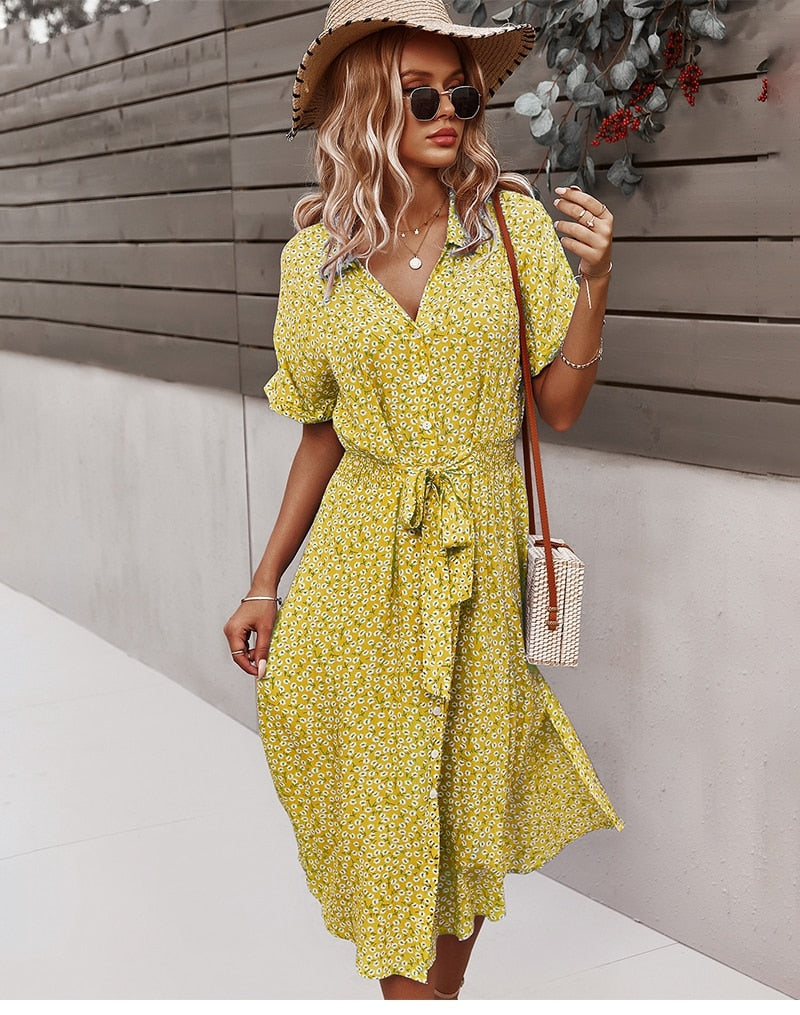 Women’s Button Front Belted Waist Summer Midi Dress - Svea
