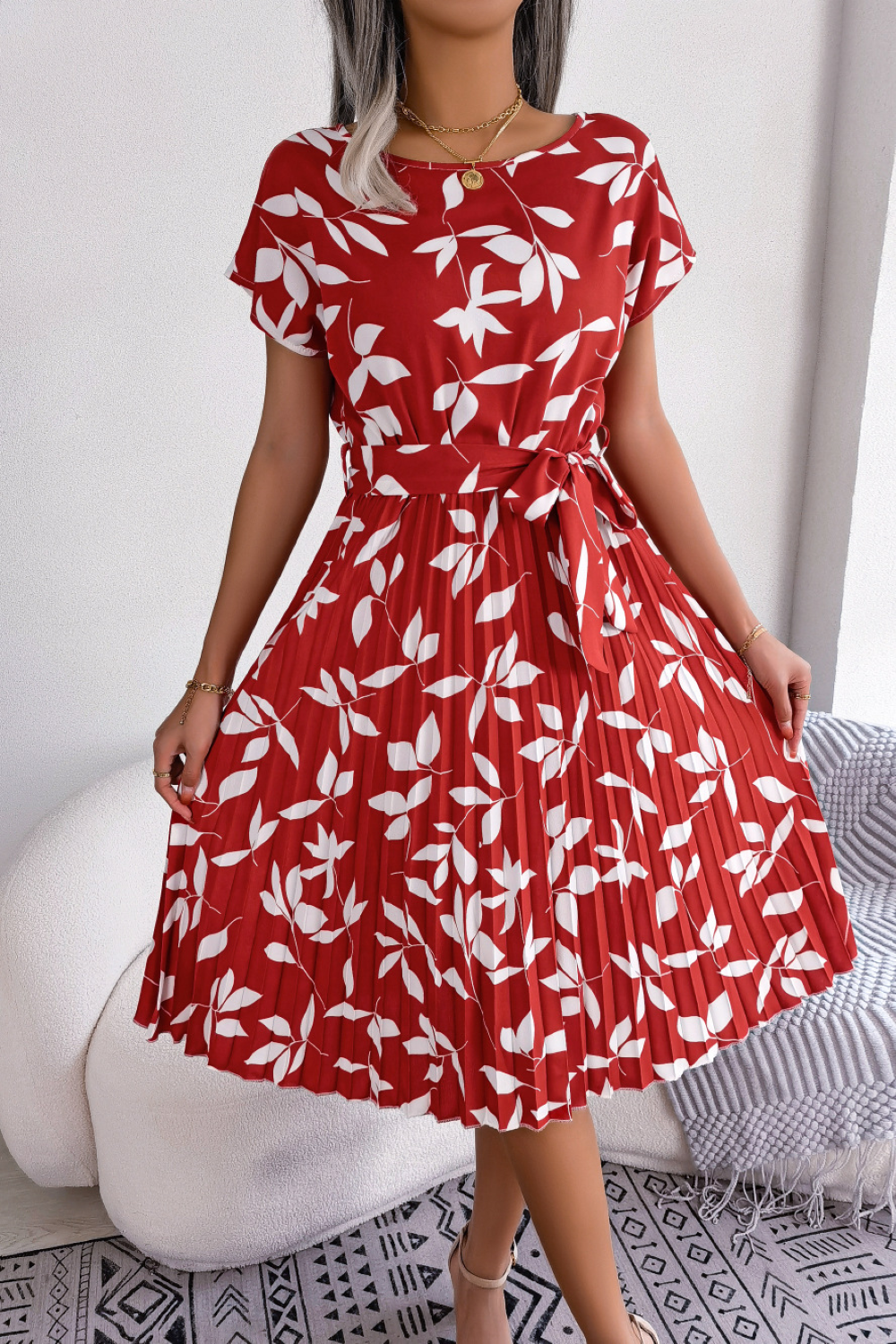 Ladies Leaves Print Midi Summer Dress - Lissora-4