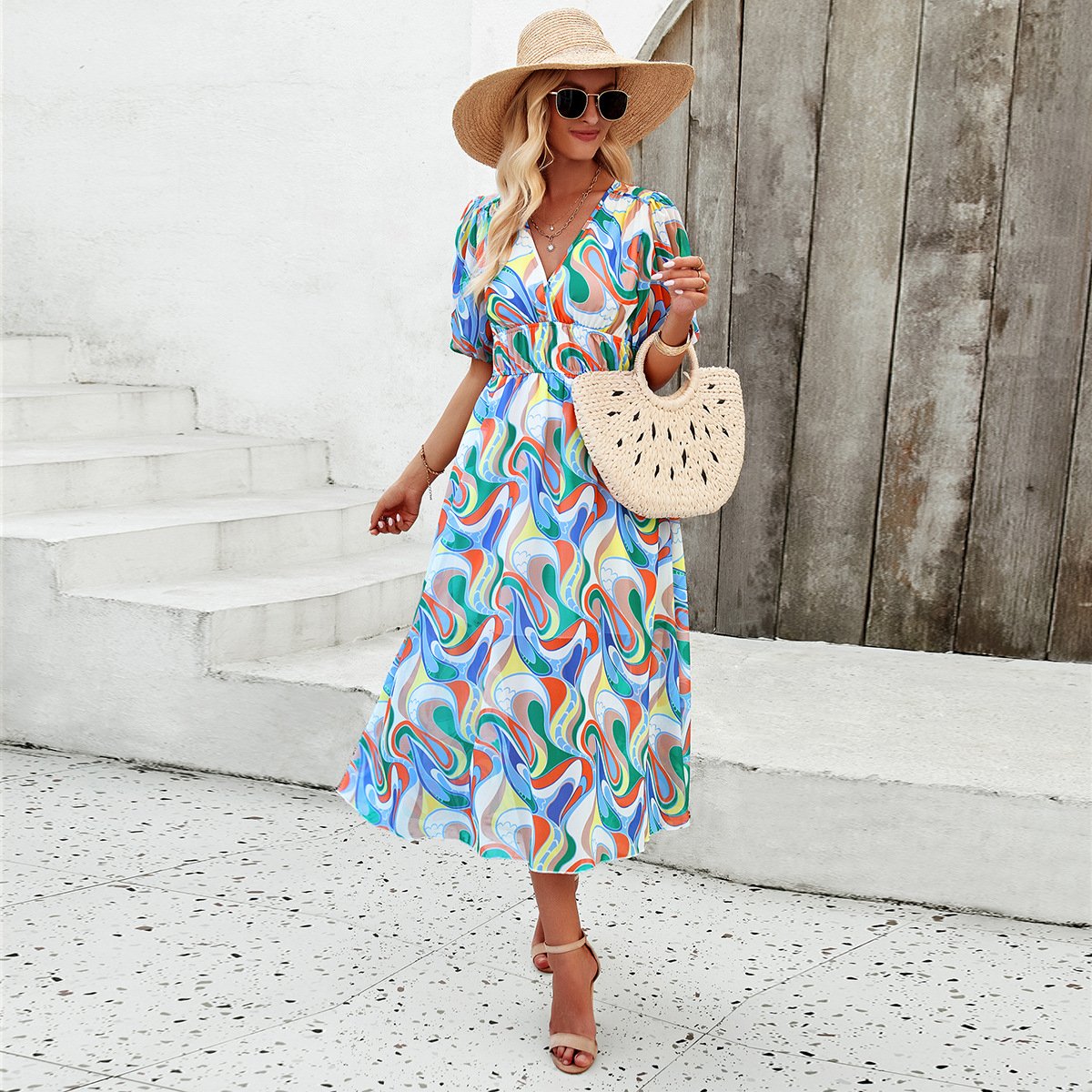 Women's Floral Print Puff Sleeves Midi Dress - Nora
