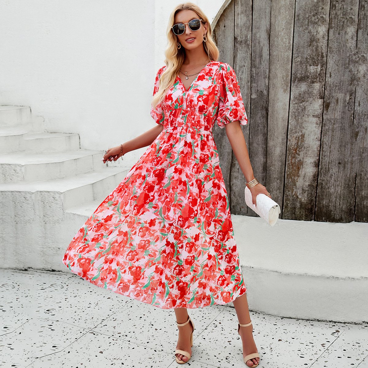 Women's Floral Print Puff Sleeves Midi Dress - Nora