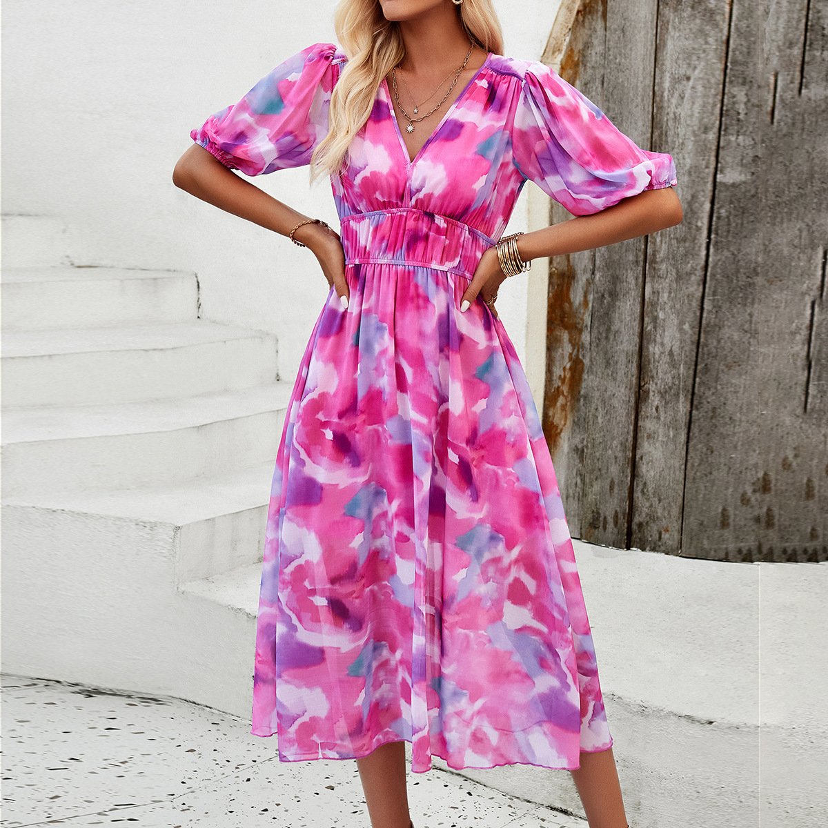 Women's Floral Print Puff Sleeves Midi Dress - Nora