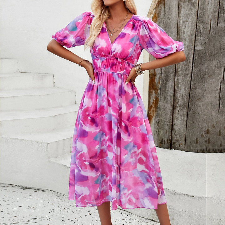 Women's Floral Print Puff Sleeves Midi Dress - Nora