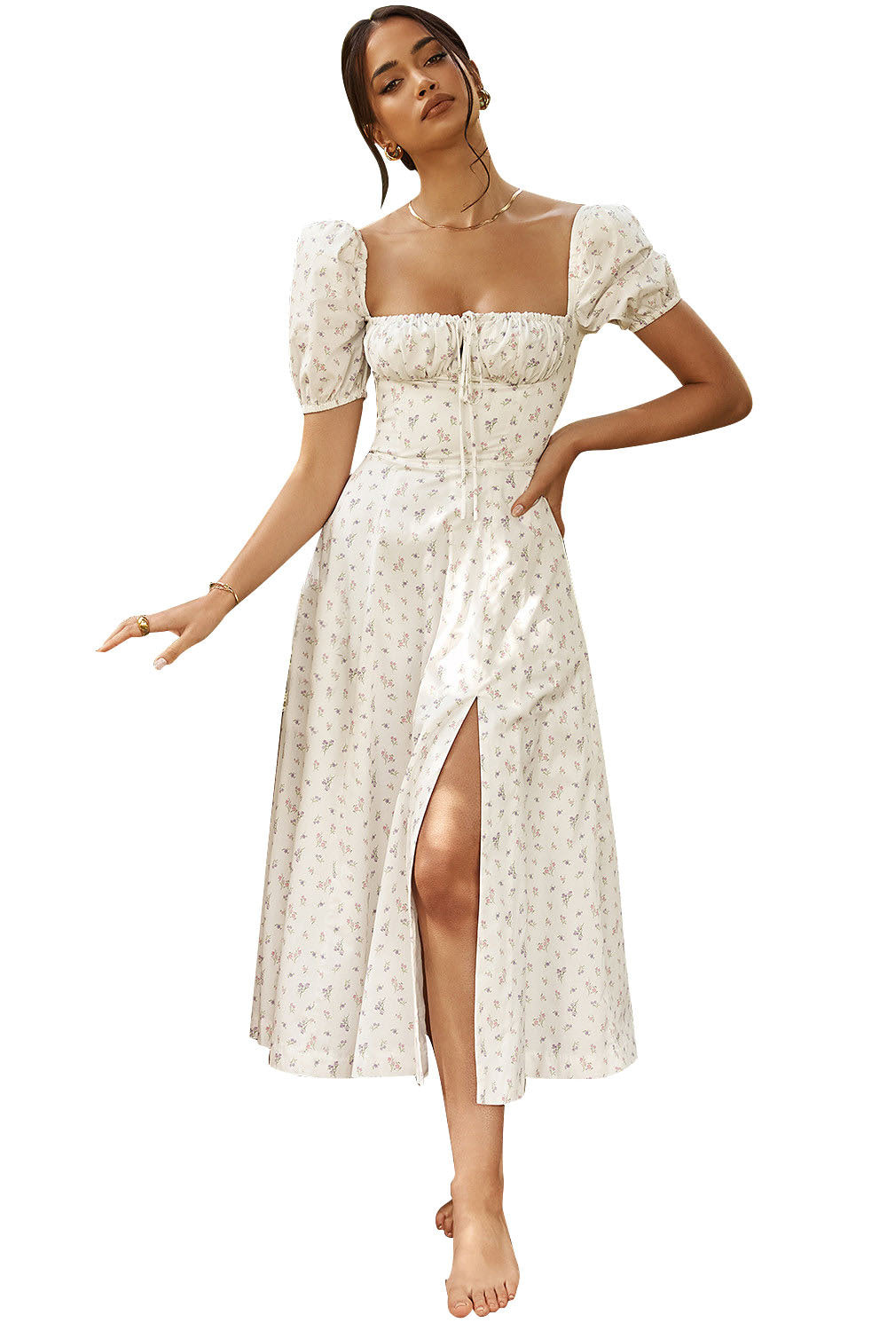 Women’s Midi Dress Elegant Square Neckline - Daniela