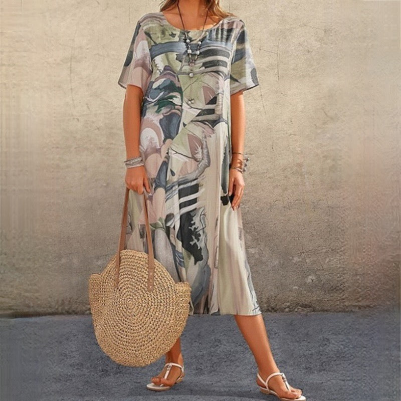 Women Abstract Print Elegant Boho Style Midi Summer Dress - Uma-5