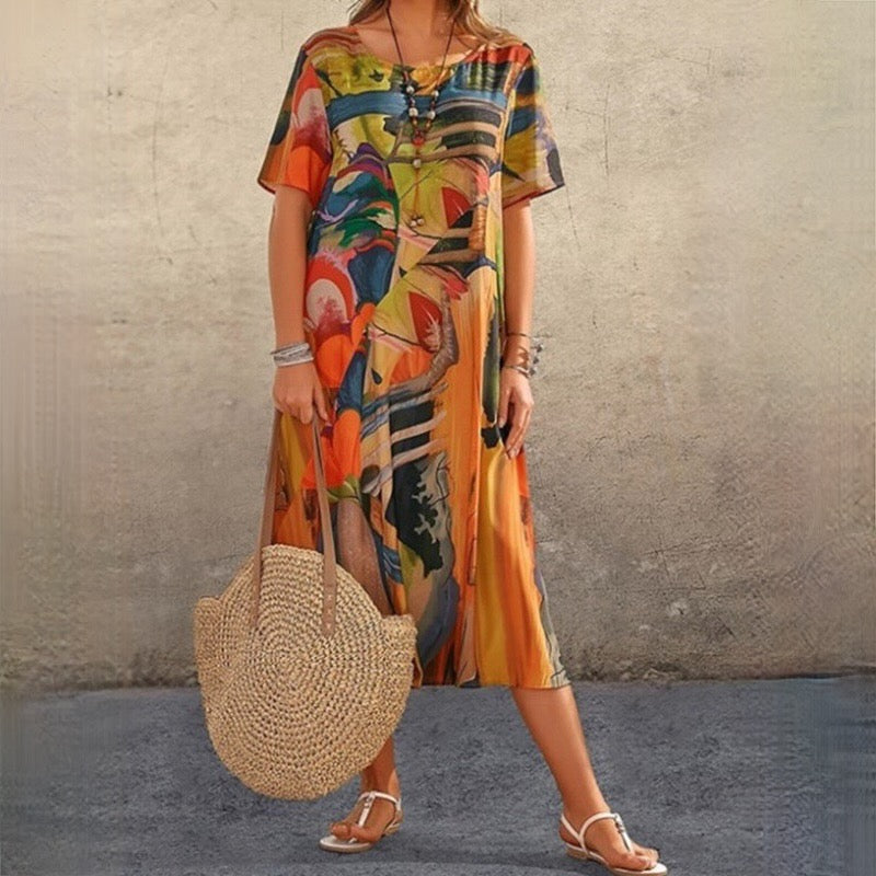 Women Abstract Print Elegant Boho Style Midi Summer Dress - Uma-1