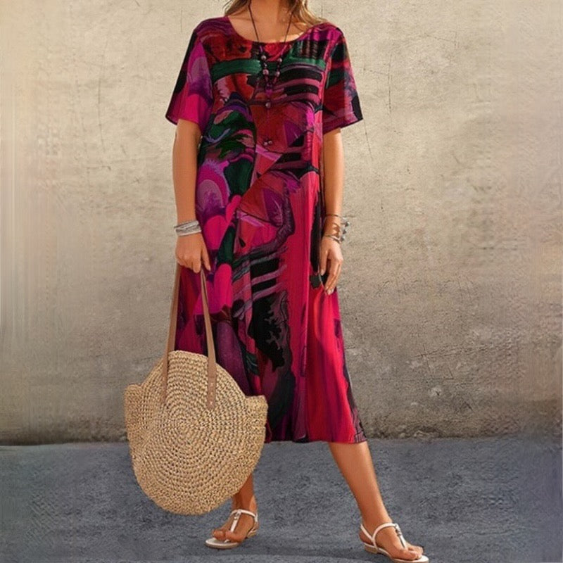 Women Abstract Print Elegant Boho Style Midi Summer Dress - Uma-4