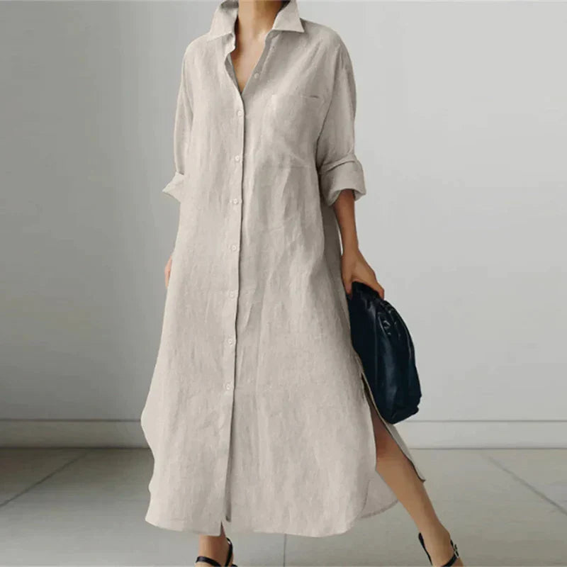 Women Button-Up Shirt Dress with Side Slit | Giselle