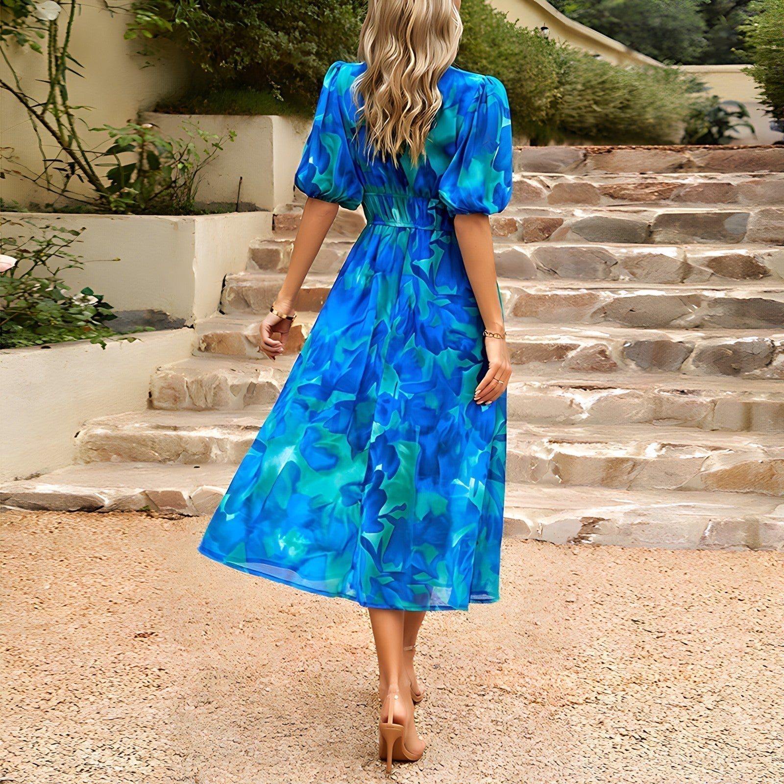 Women’s V-Neck Puff Sleeve Midi Dress - Theresa