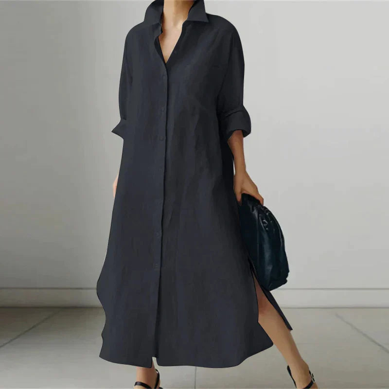 Women Button-Up Shirt Dress with Side Slit | Giselle