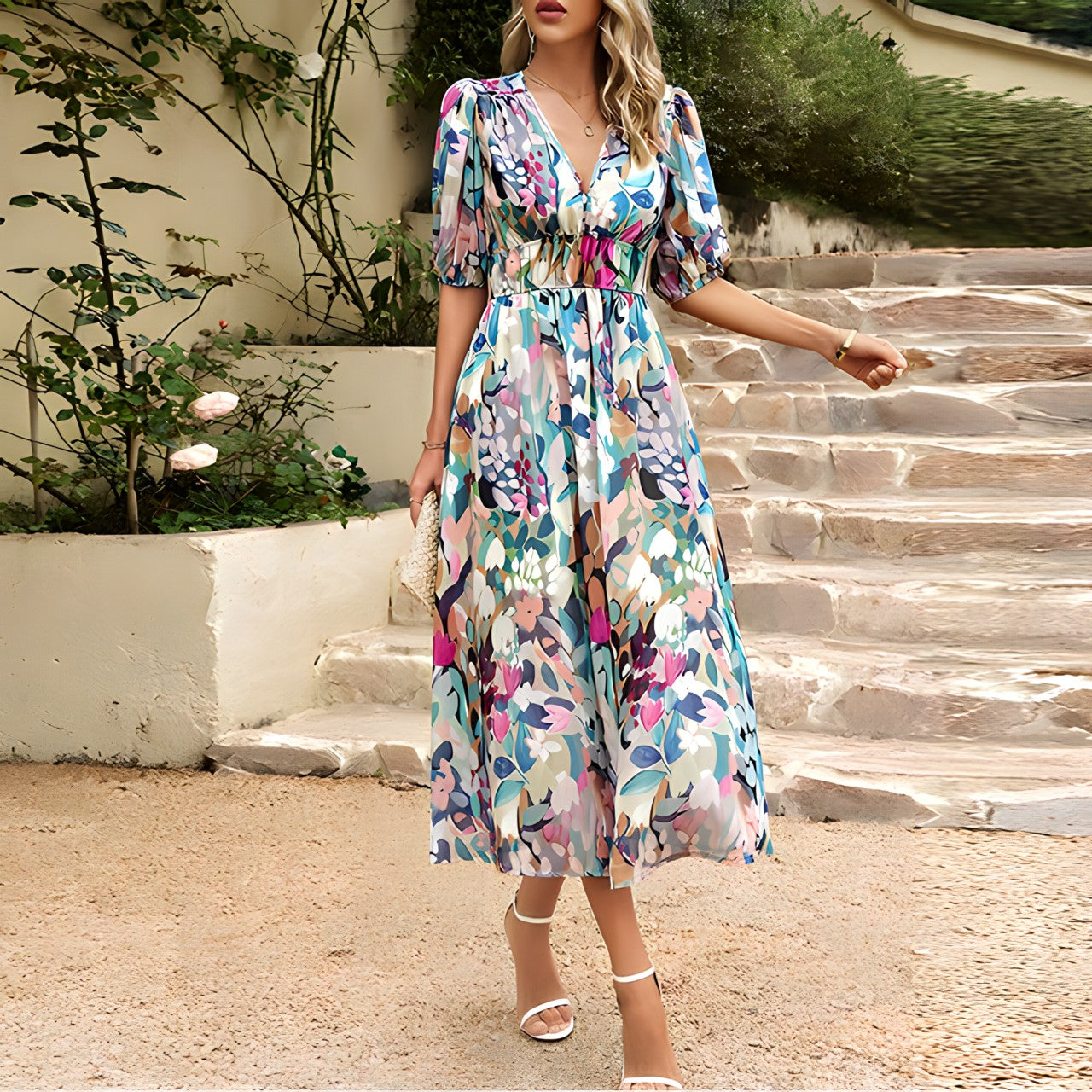 Variant image for Women’s V-Neck Puff Sleeve Midi Dress - Theresa-13