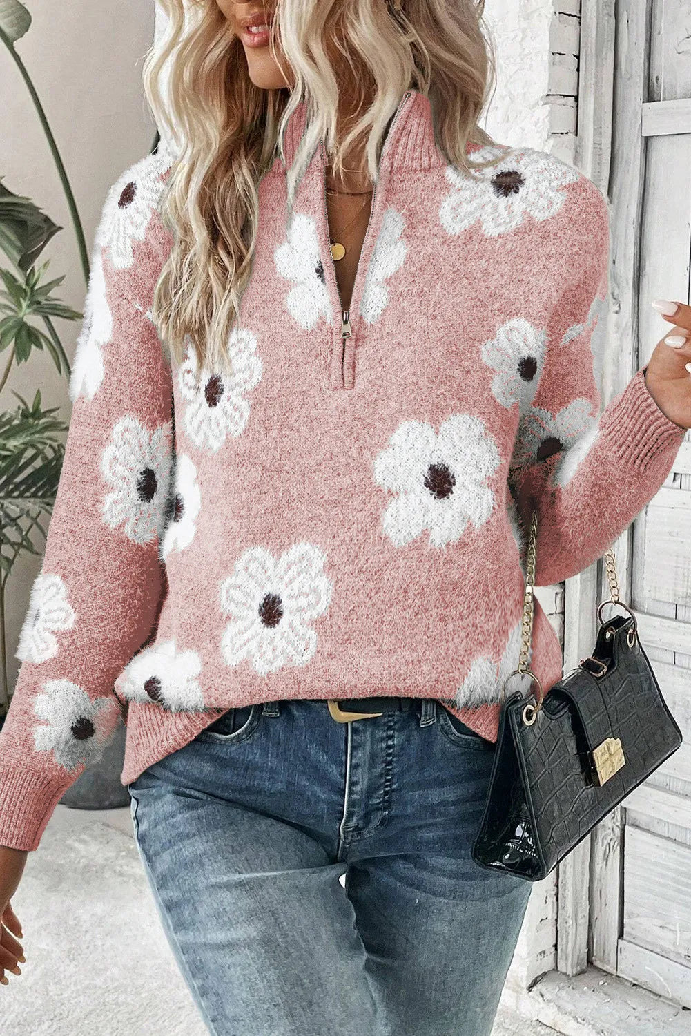 Women’s Stylish Floral Half Zip Sweater - Margaret