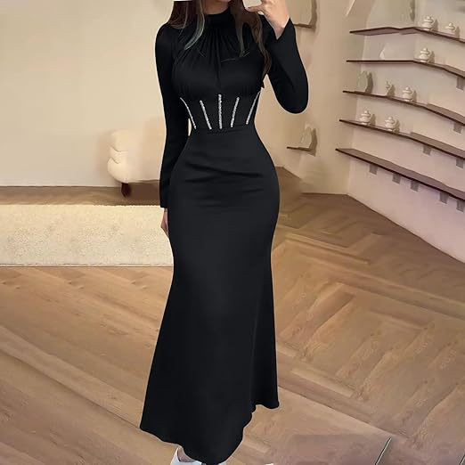 Women’s Elegant Black Long Sleeve Maxi Dress - Eva