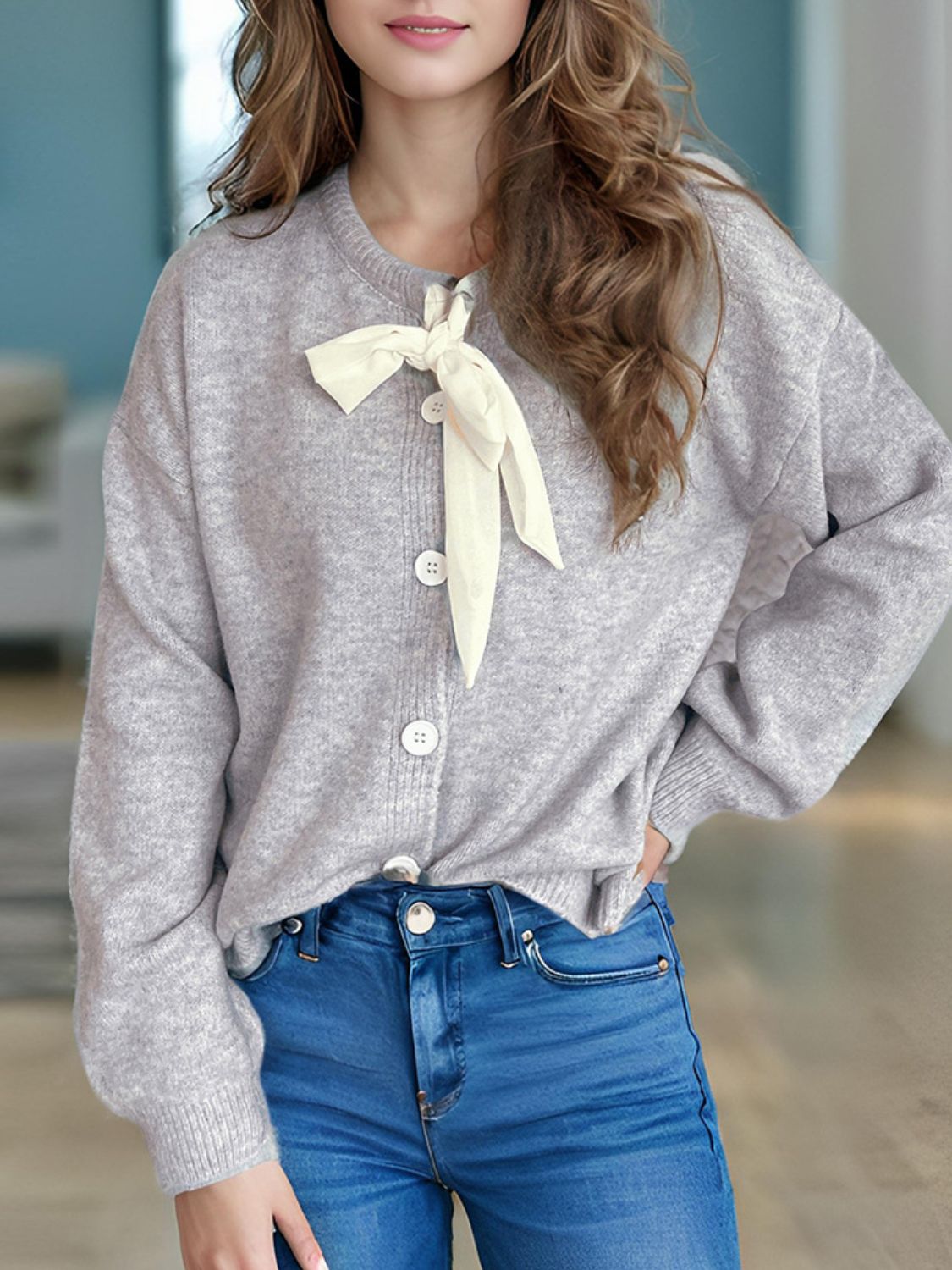 Variant image for Women’s Long Sleeve White Blouse Elegant Knitted Design - Alisa-4