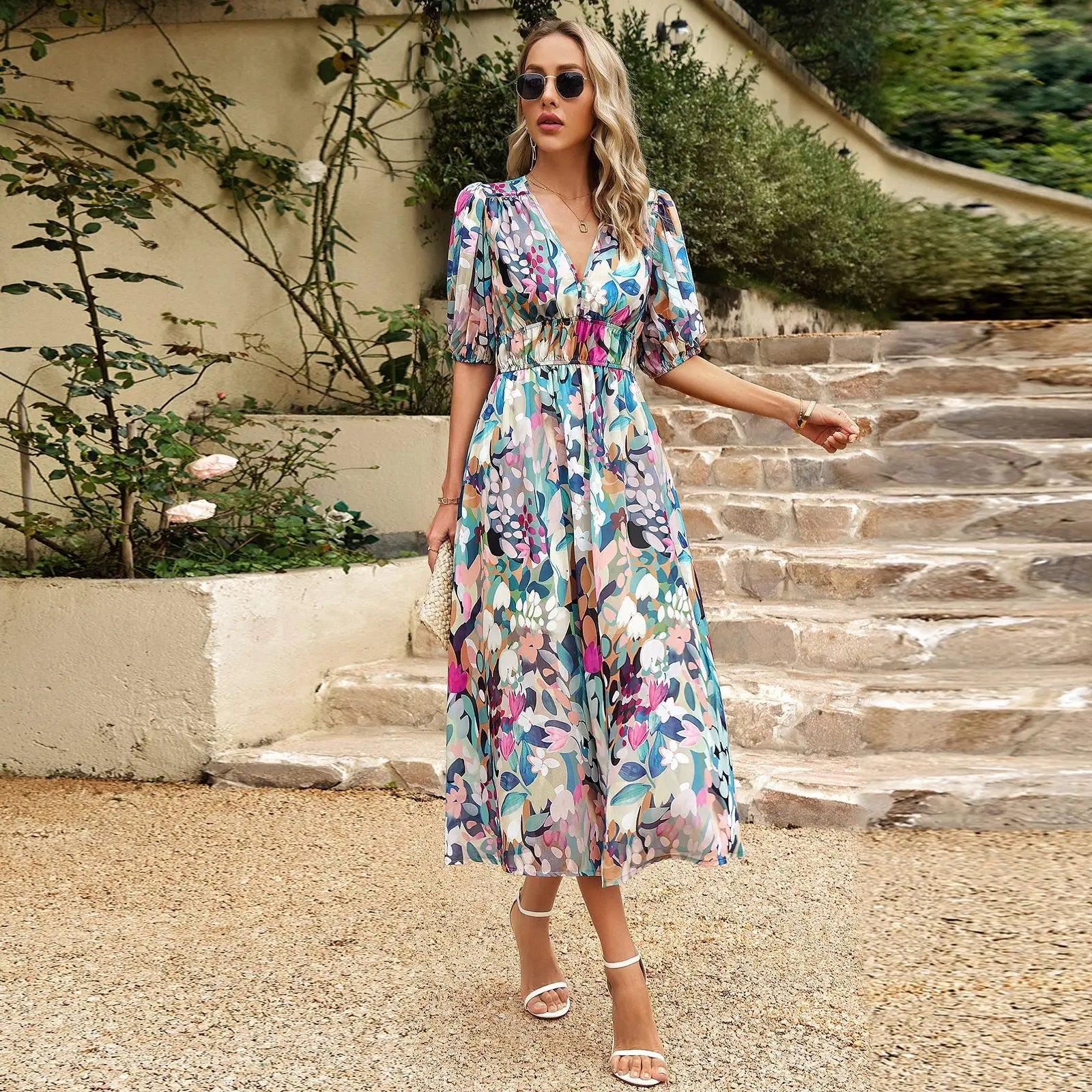 Women Flattering V Hals and Elastic Waist Midi Summer Dress - Linda-6