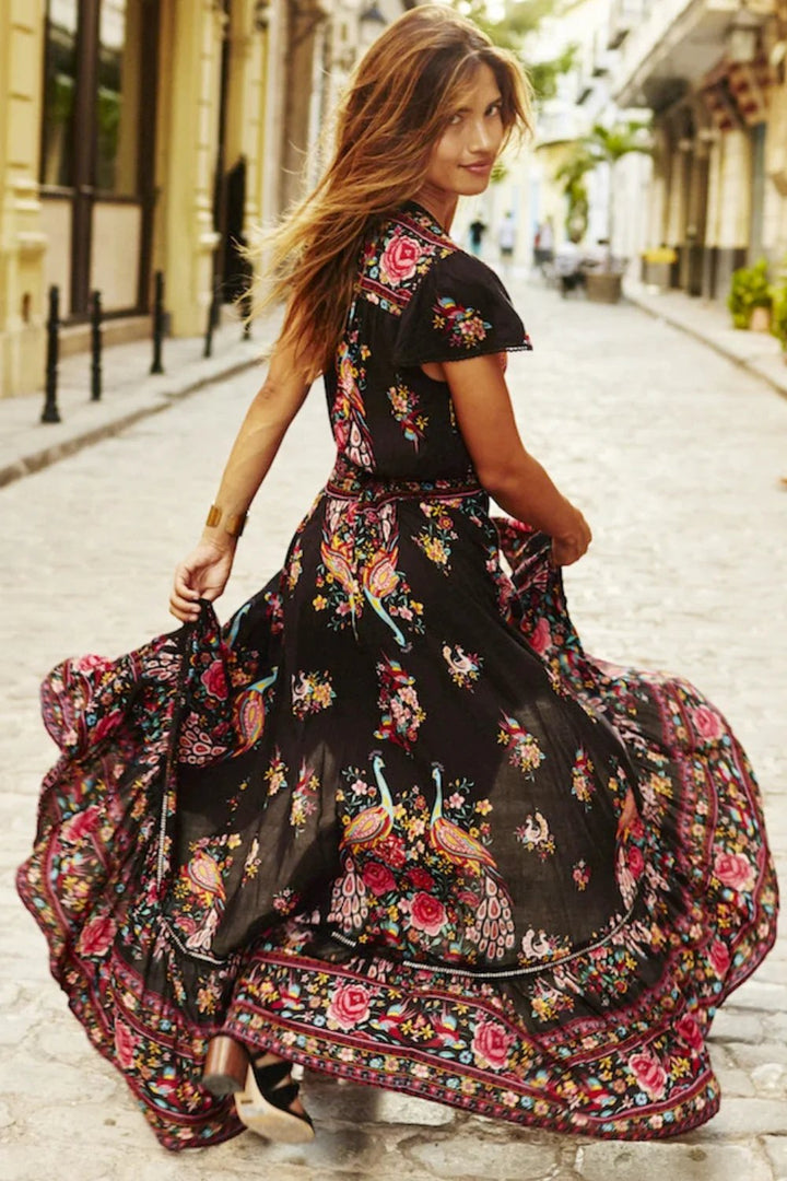 Women Black Boho Chic Floral Dress | Jolie