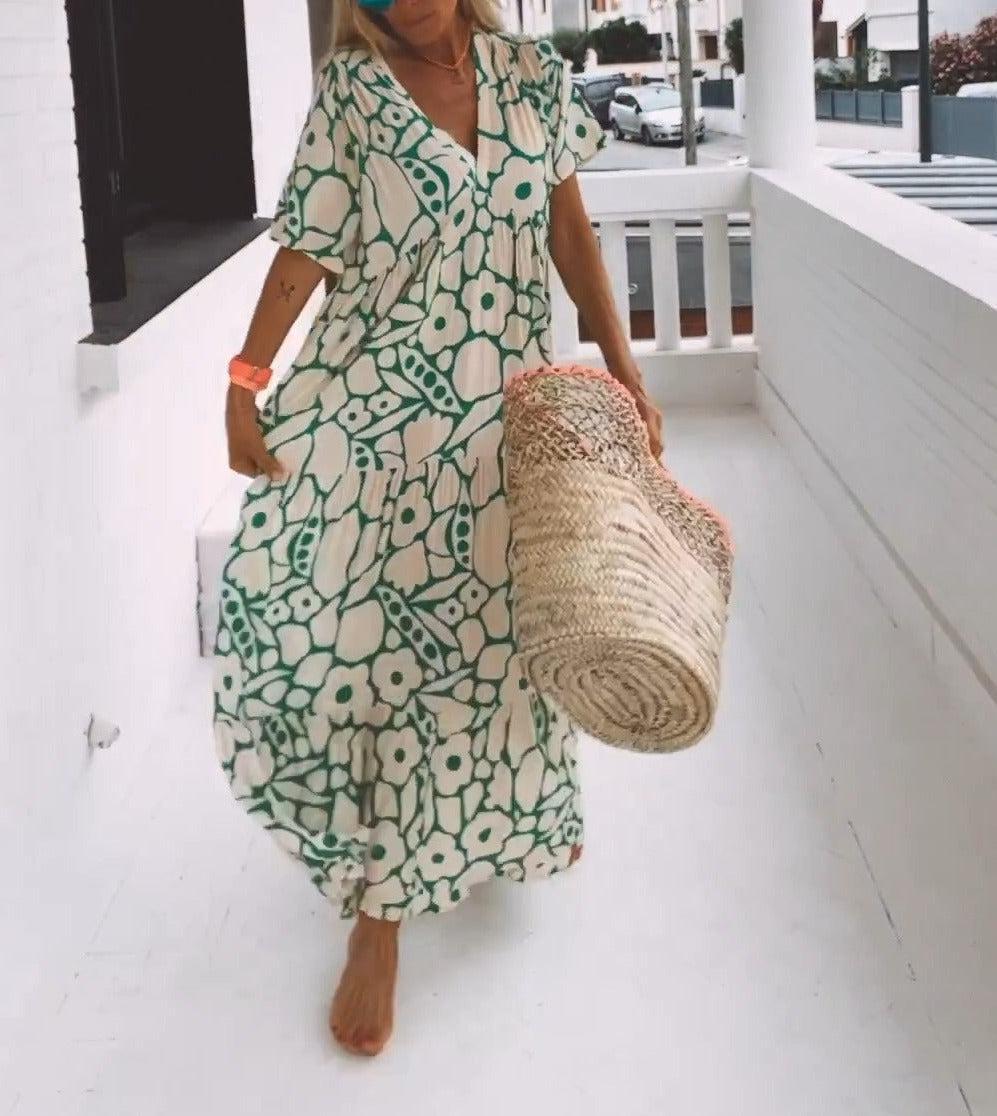 Women’s Chic V-Neck Printed Summer Maxi Dress - Ava