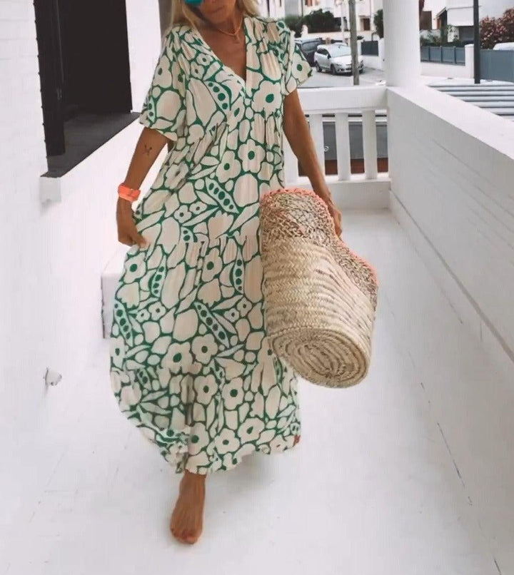 Women’s Chic V-Neck Printed Summer Maxi Dress - Ava