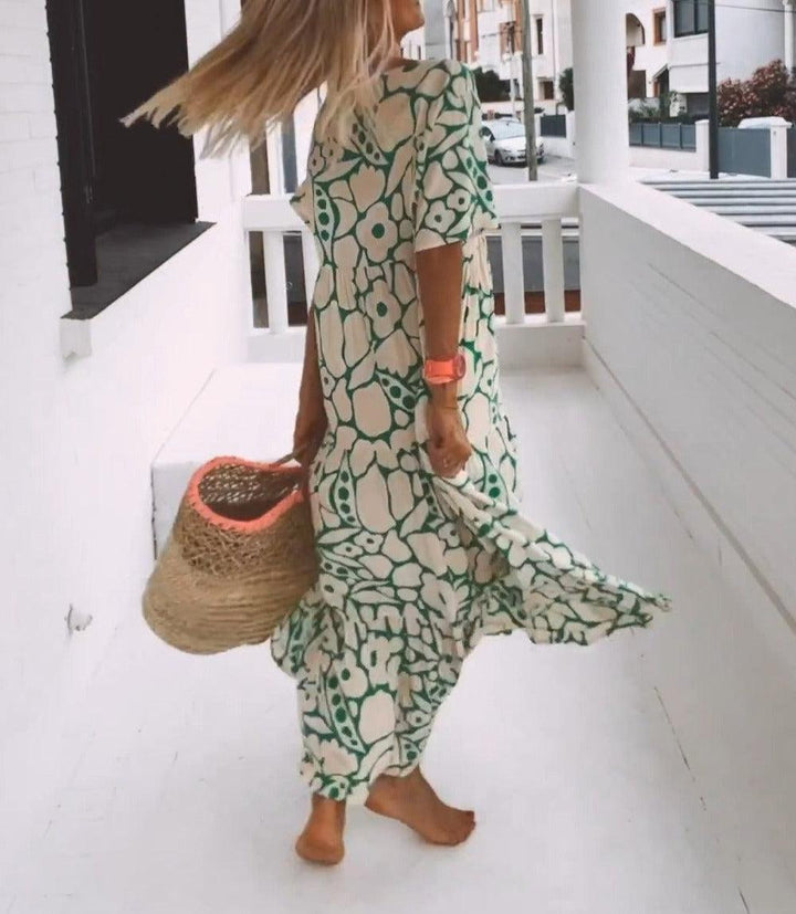 Women’s Chic V-Neck Printed Summer Maxi Dress - Ava