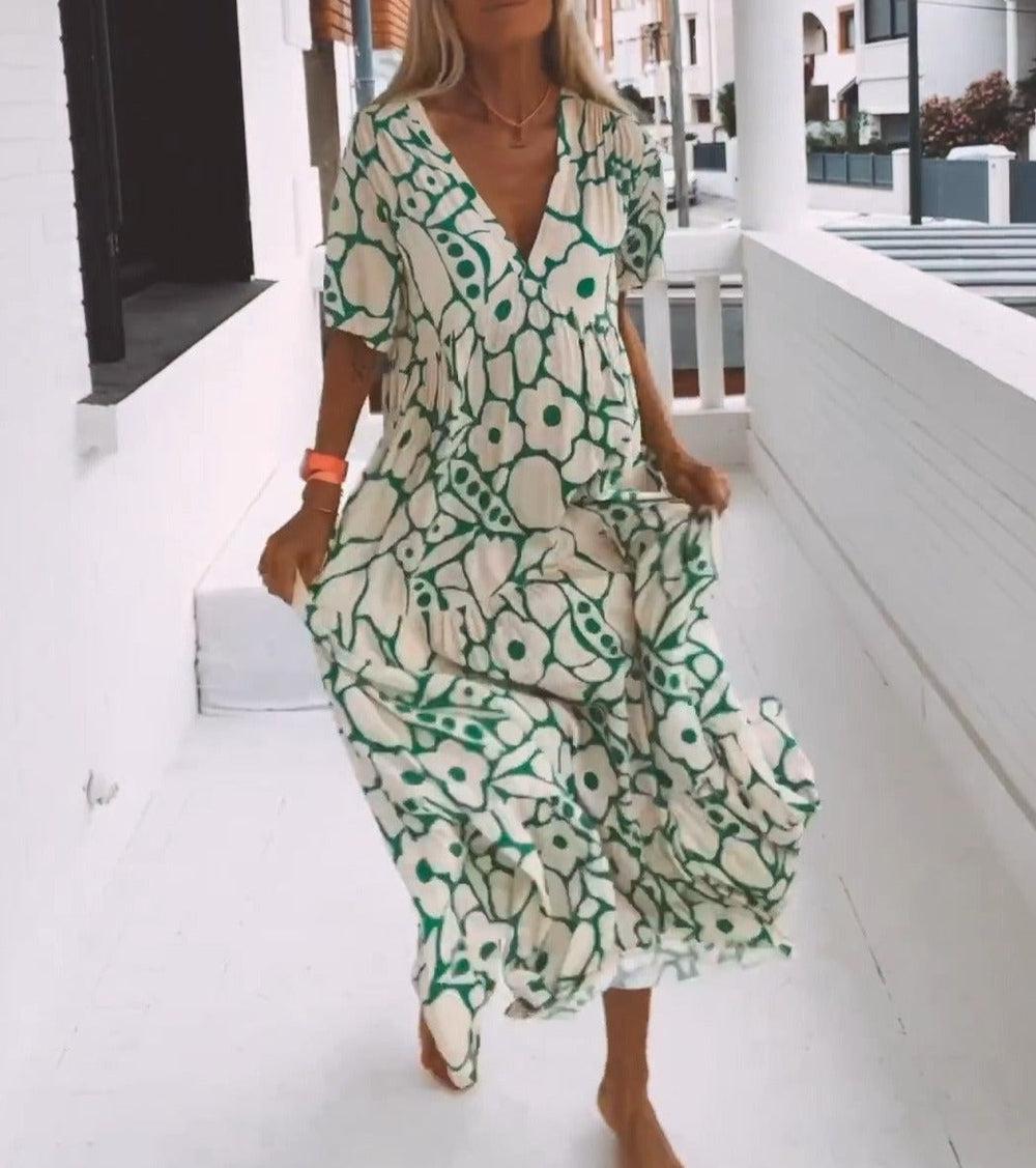 Women’s Chic V-Neck Printed Summer Maxi Dress - Ava