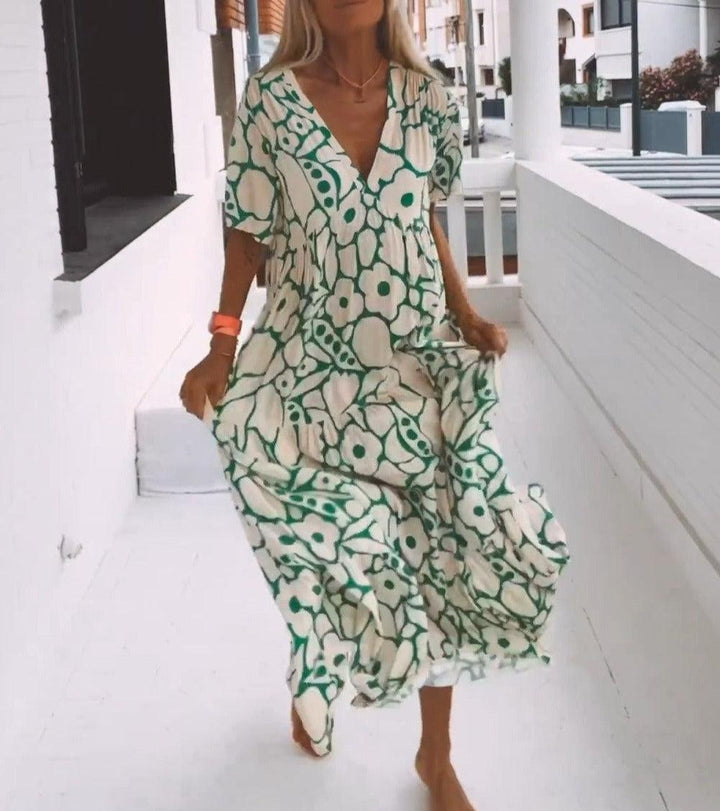 Women’s Chic V-Neck Printed Summer Maxi Dress - Ava