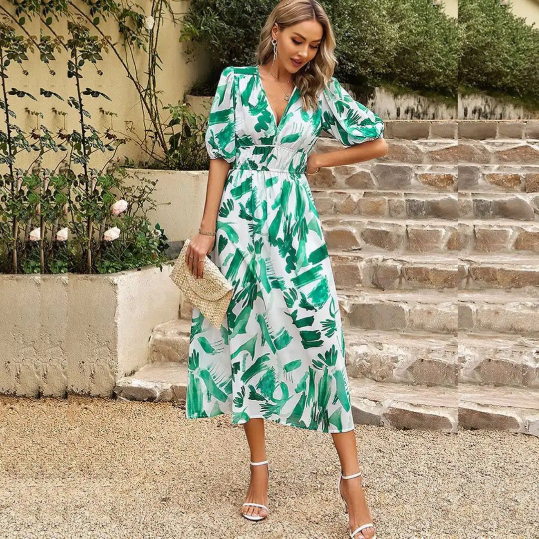  Women Flattering V Hals and Elastic Waist Midi Summer Dress - Linda-4