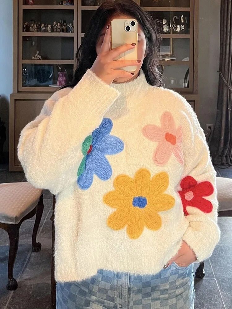 Women’s Colorful Floral Knitted Turtleneck Jumper - Solange